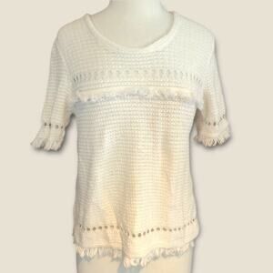 J.Crew Knit Top Medium White Short Sleeve Sweater Tee with Crochet Trim